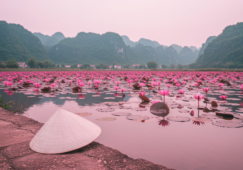 Elegant Vietnamese Landscape with Lotus and Mountains