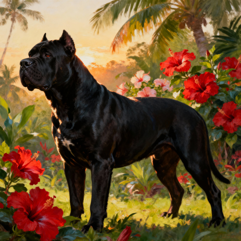 Majestic Black Cane Corso in Tropical Paradise