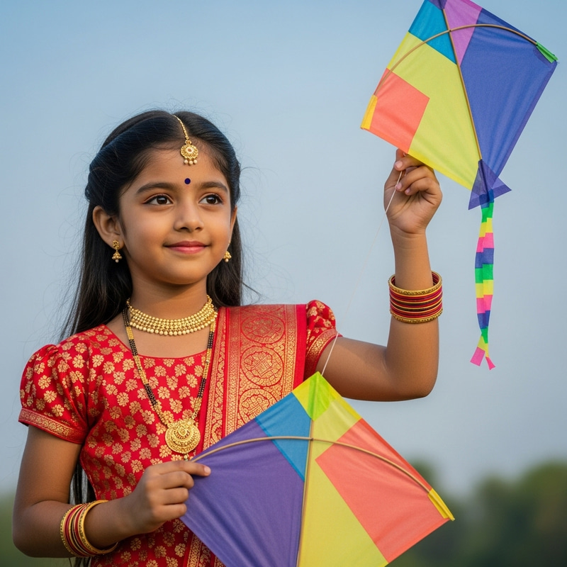 Indian Girl Flying Colorful Kite in Traditional Attire