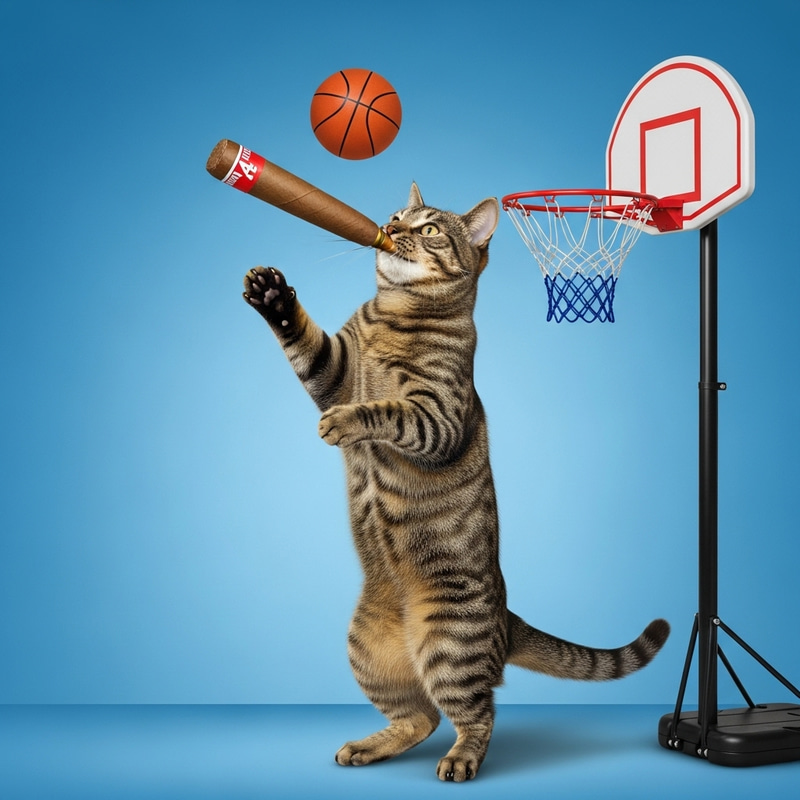 Cat Dunking Basketball While Smoking Cigar