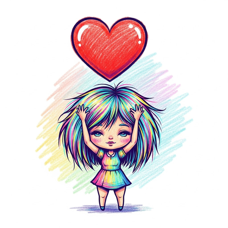 Vivid Chibi Girl Holding Heart - Colorful Crayon Illustration