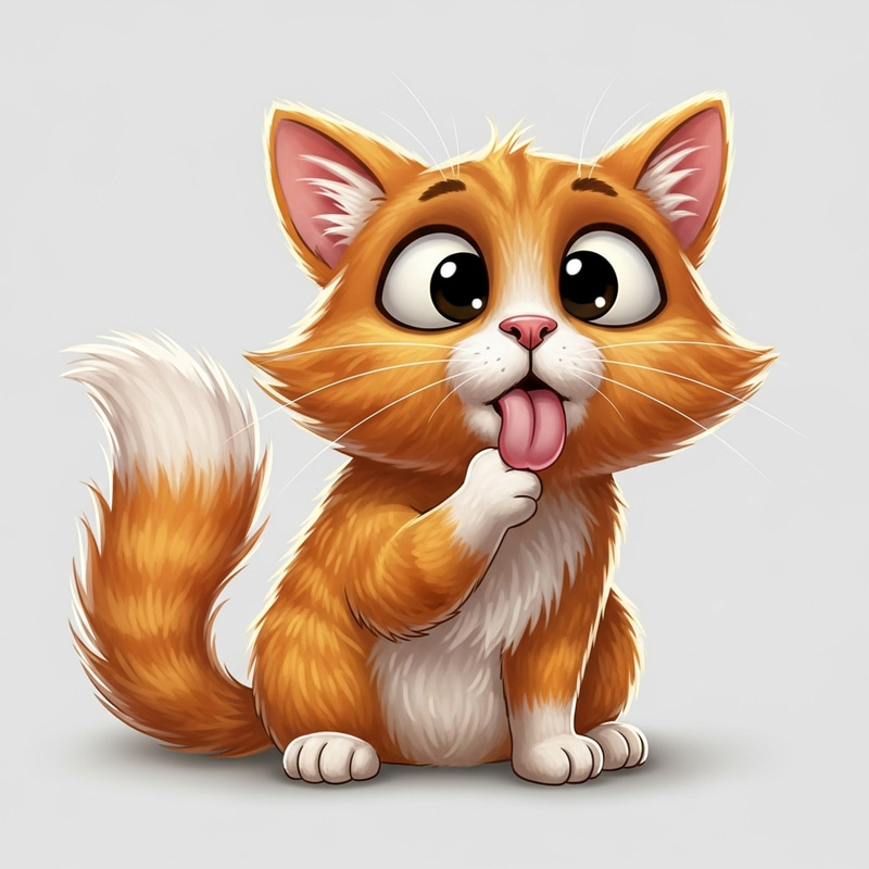Cute Orange Furry Cartoon Cat Licking Paw
