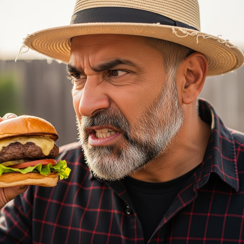 Gray Beard Man in Straw Hat with Red & Black Shirt Holding Hamburger, Angry