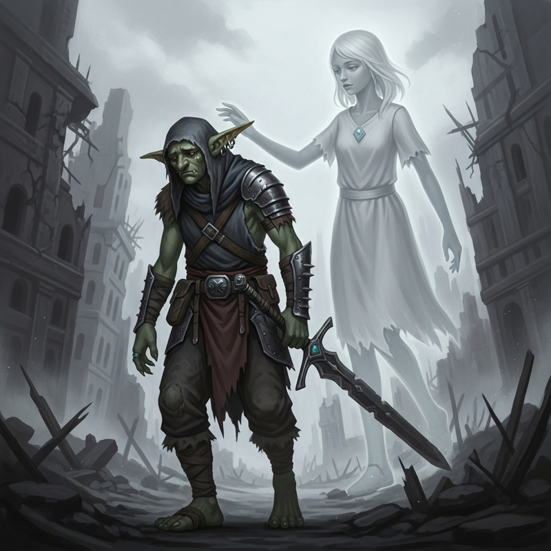 Despairing Goblin Shaman & Gentle Ghost in Devastated City