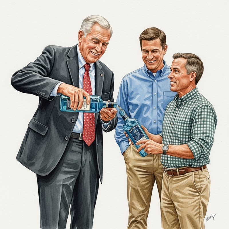 Vibrant Watercolor Painting: Jerry Jones with Johnny Walker Blue & Forrest Gump
