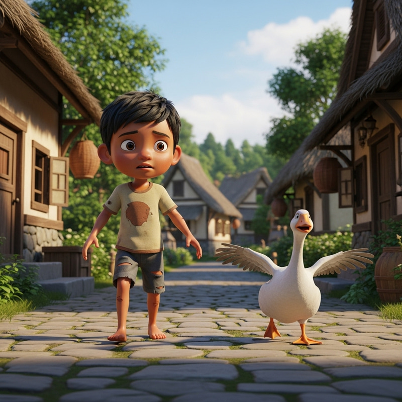 HD Photo: Young Child in Ripped Shirt Chased by Goose in Rural Setting