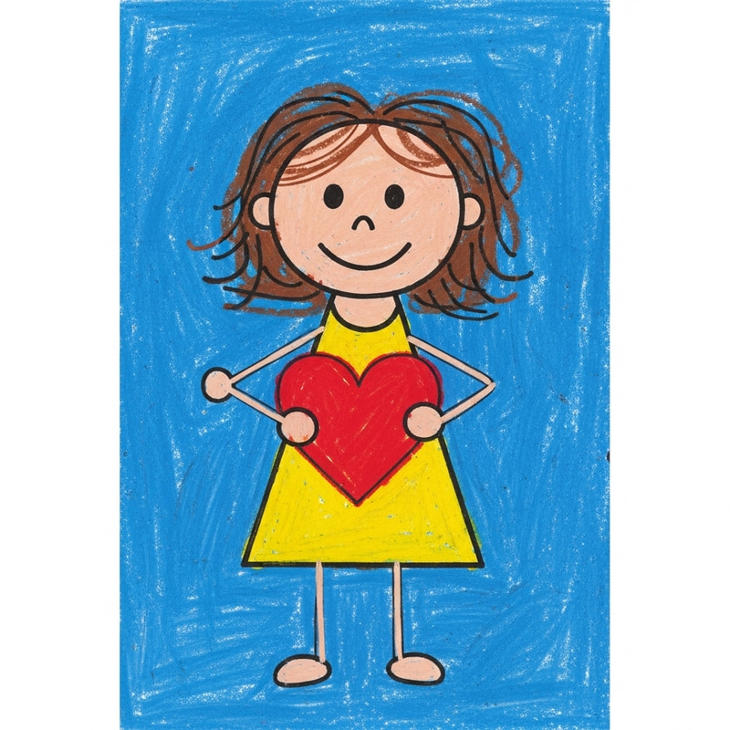 Child's Drawing of Girl Holding Heart in Vivid Colors Child's Drawing of Girl Holding Heart in Vivid Colors