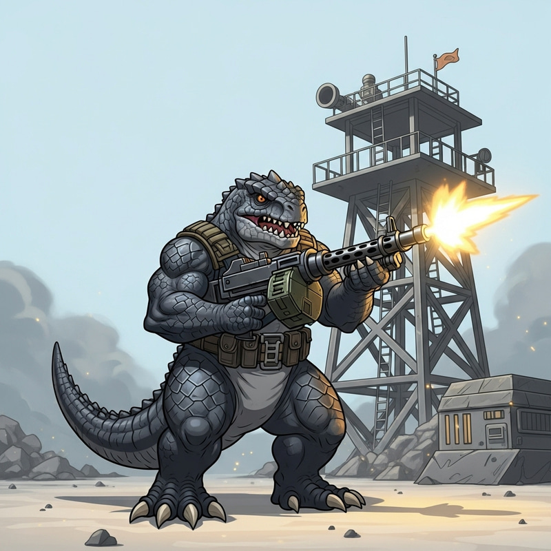Cartoon Godzilla with machine gun targeting MAG