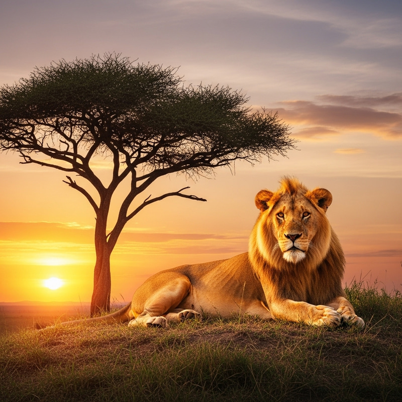 Majestic Lion in African Savannah - Captivating Sunset View Majestic Lion in African Savannah - Captivating Sunset View