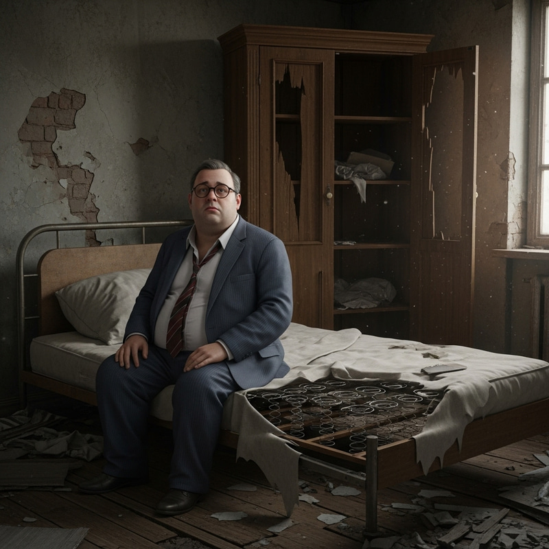 Overweight Politician in Glasses Sitting on Broken Bed with Cupboard in Background
