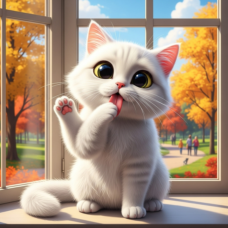 Cute White Furry Cartoon Cat Grooming in Bay Window Cute White Furry Cartoon Cat Grooming in Bay Window