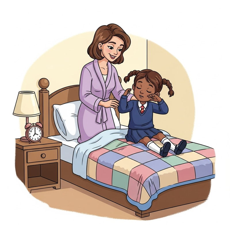 Charming Cartoon Scene: Mom Waking Up School-bound Daughter Charming Cartoon Scene: Mom Waking Up School-bound Daughter