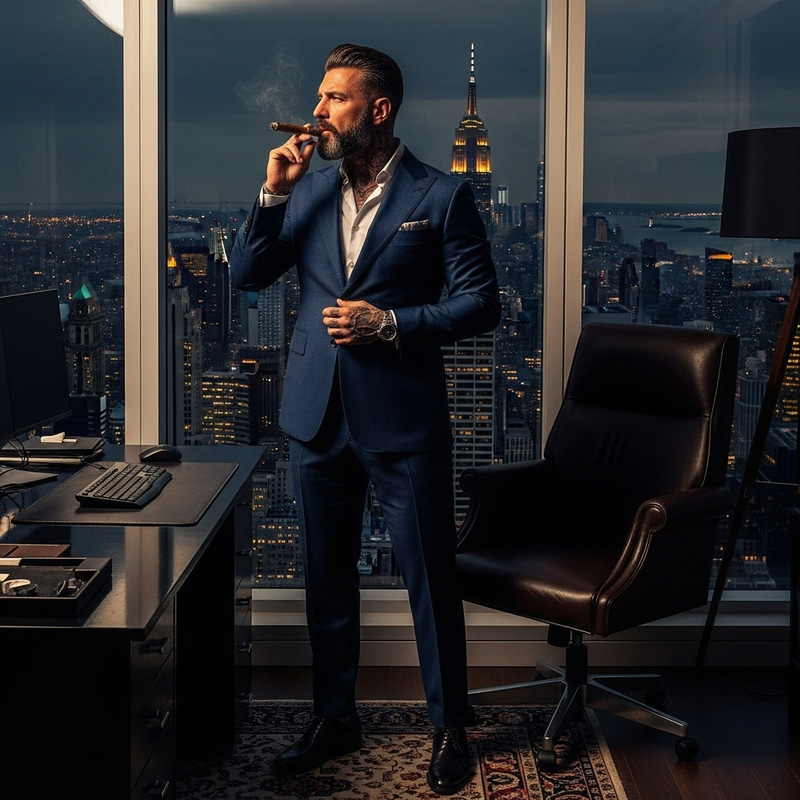 Sophisticated Power: Italian Man in Luxe Suite, NYC Night Views