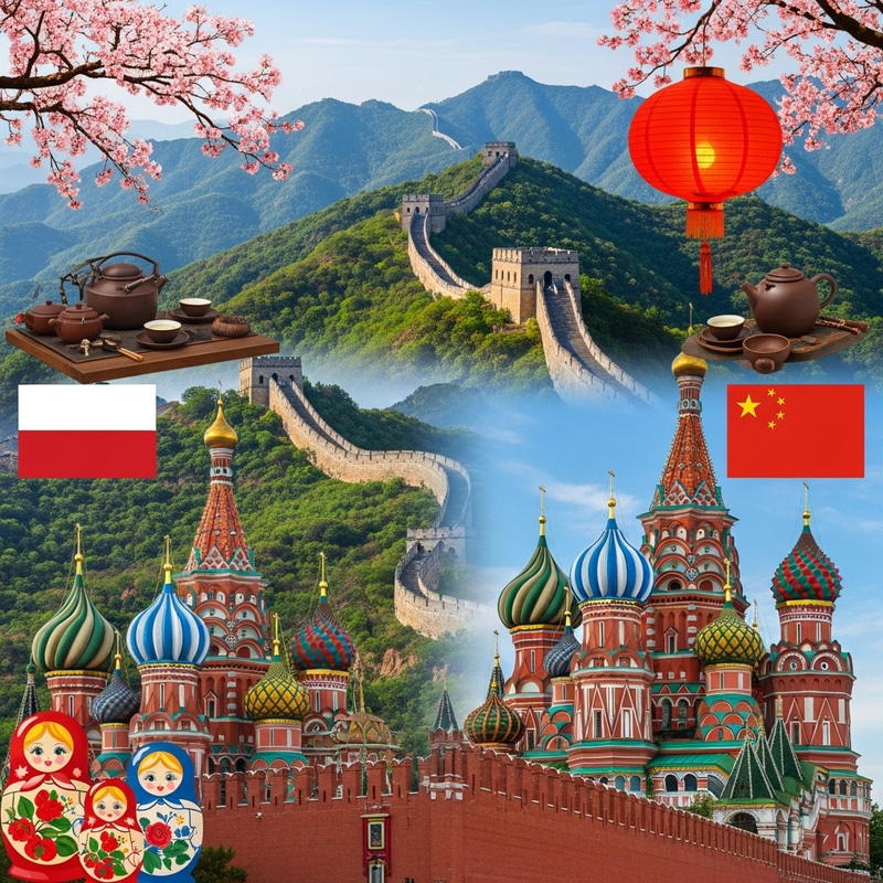 Russian and Chinese Culture - Screensaver with Matryoshka Dolls, Kremlin, Great Wall
