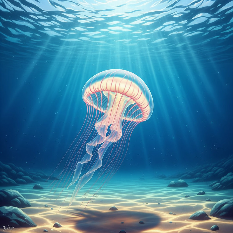 Ethereal Underwater Scene with Iridescent Jellyfish Ethereal Underwater Scene with Iridescent Jellyfish