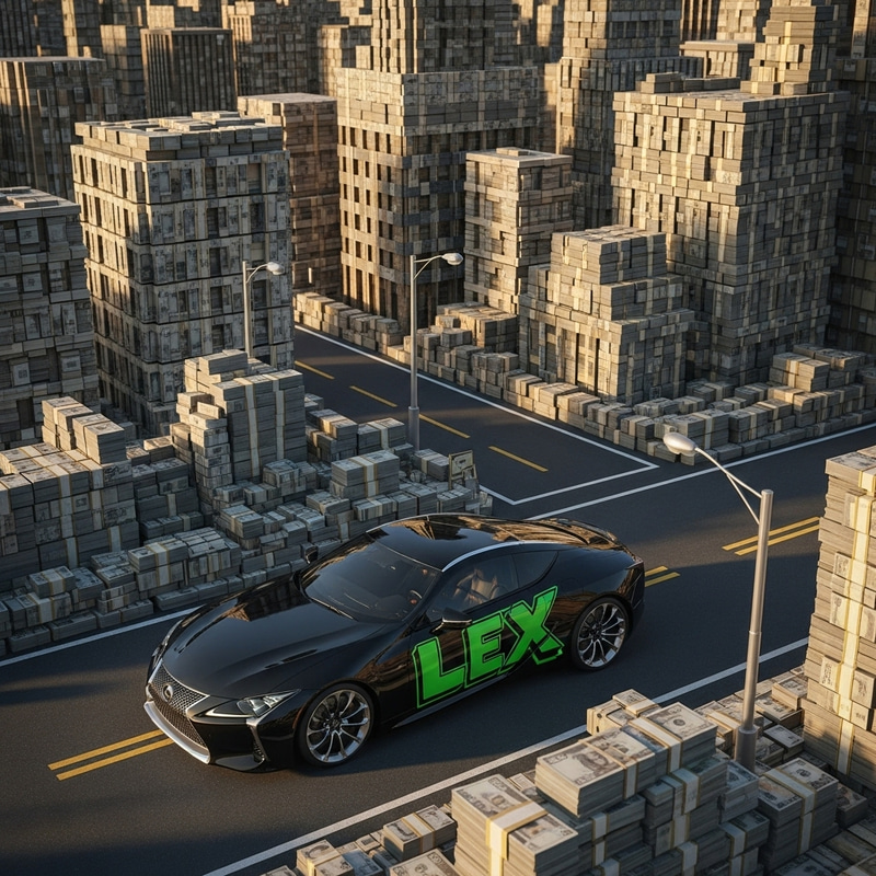 Black Lexus Car with Green Lex Script Driving Through Money City