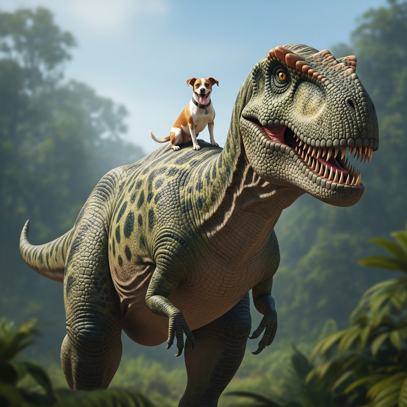 Adorable Dog Standing on Dinosaur's Shoulder Adorable Dog Standing on Dinosaur's Shoulder