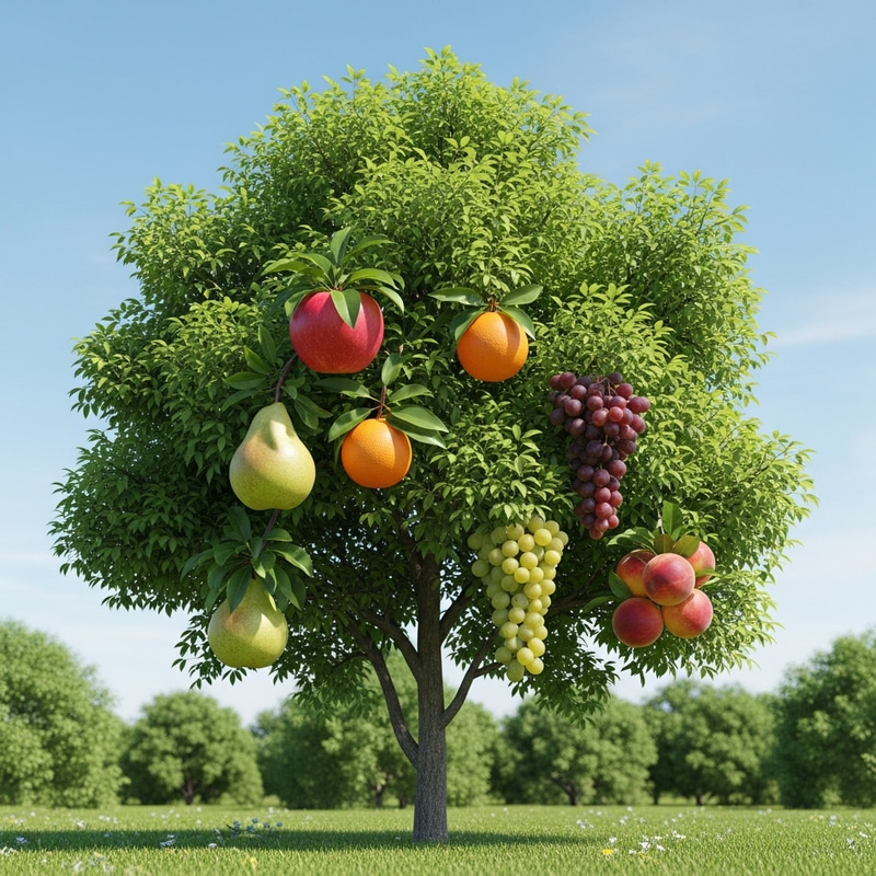 Diverse Fruit Tree: Apple, Pear, Orange, Grapes, Peaches Diverse Fruit Tree: Apple, Pear, Orange, Grapes, Peaches