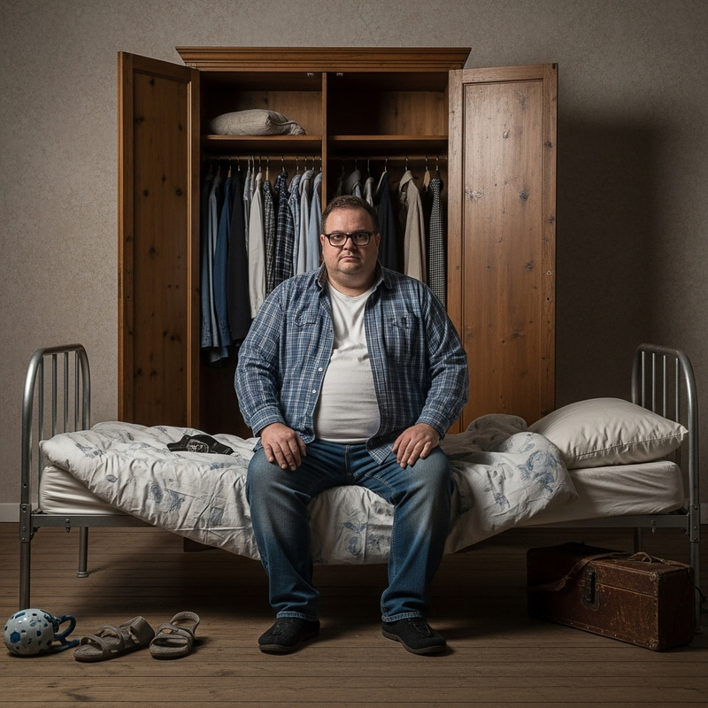 Obese Man Sitting on Damaged Bed | Broken Wardrobe Background