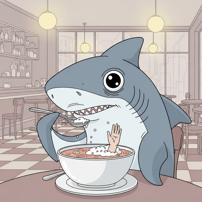 Menacing Shark Devouring Human Hand Soup in Bistro | Cartoon Illustration Menacing Shark Devouring Human Hand Soup in Bistro | Cartoon Illustration