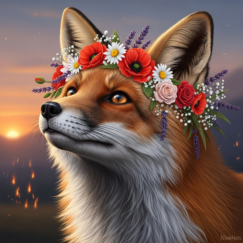 Enchanting Fox with Floral Wreath | Captivating Wildlife Image Enchanting Fox with Floral Wreath | Captivating Wildlife Image