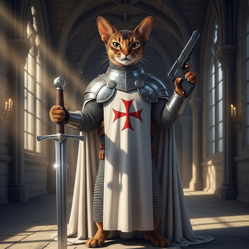 Abyssinian Cat in Chain Armor with Templar Cape: Sword & Gun Master Abyssinian Cat in Chain Armor with Templar Cape: Sword & Gun Master