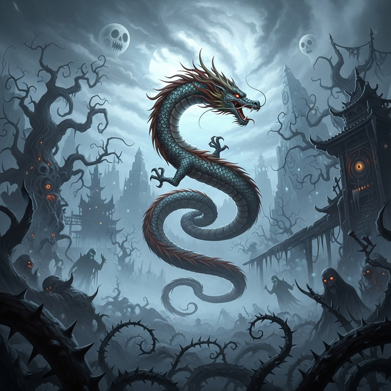 Eerie Chinese Dragon against a Spooky Backdrop