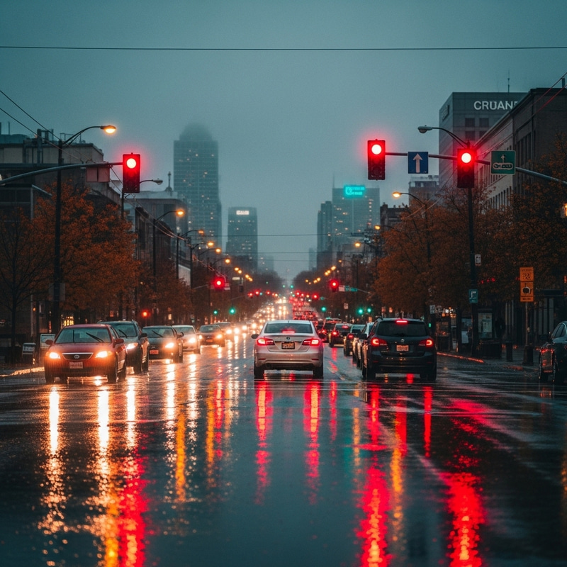 Rainy Evening Cityscape with Red Stop Signals