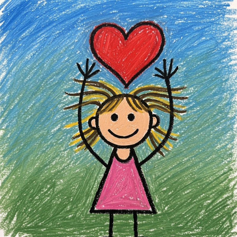 Whimsical Crayon Art: Child Lifting Heart Drawing