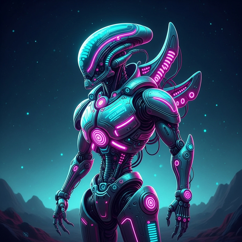 Futuristic Alien Robot in Neon: Hi-Tech Extraterrestrial Design Futuristic Alien Robot in Neon: Hi-Tech Extraterrestrial Design