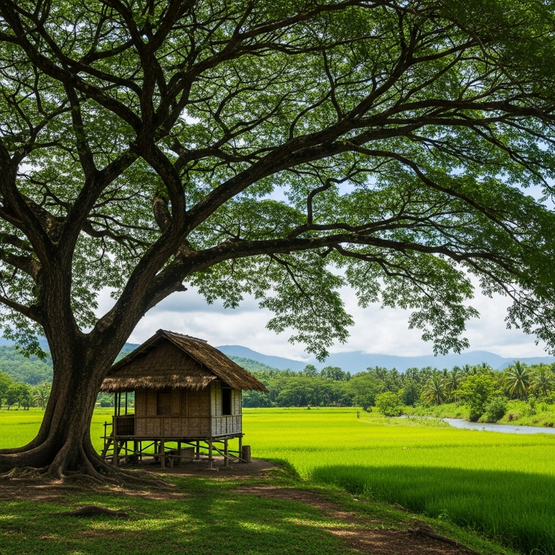 Serenity in Nature: Kubo Surrounded by Fields and Tree Serenity in Nature: Kubo Surrounded by Fields and Tree