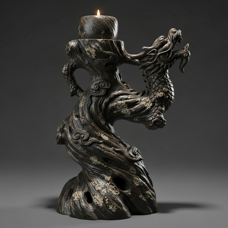 Unique Natural Stone Candlestick with Ancient Chinese Influence