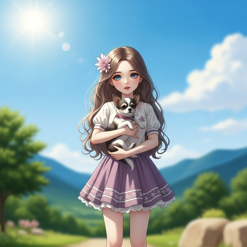 Ethereal Doll-Like Beauty Holding Puppy Outdoors Ethereal Doll-Like Beauty Holding Puppy Outdoors