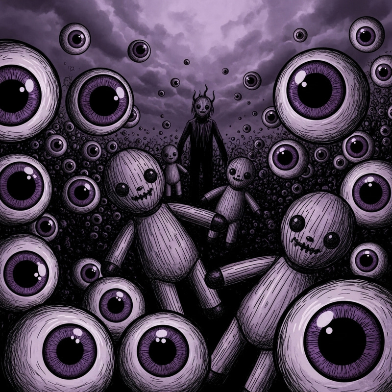 Haunting Visuals: Distorted Perspective, Black & Purple Art with Big Eyes