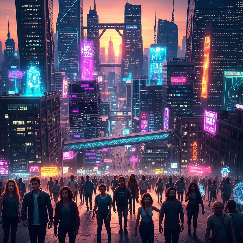 Cyberpunk Cityscape: Vibrant Neon Sunset with Drone View Cyberpunk Cityscape: Vibrant Neon Sunset with Drone View