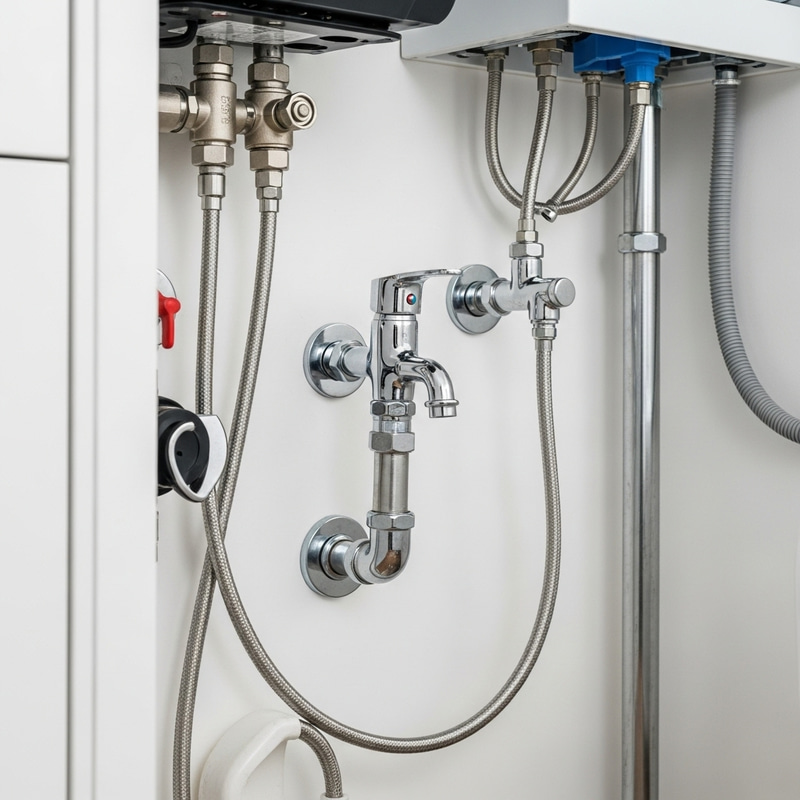 Modern Wall Mounted Plumbing Design: Silver Faucets & Angular Valves Modern Wall Mounted Plumbing Design: Silver Faucets & Angular Valves