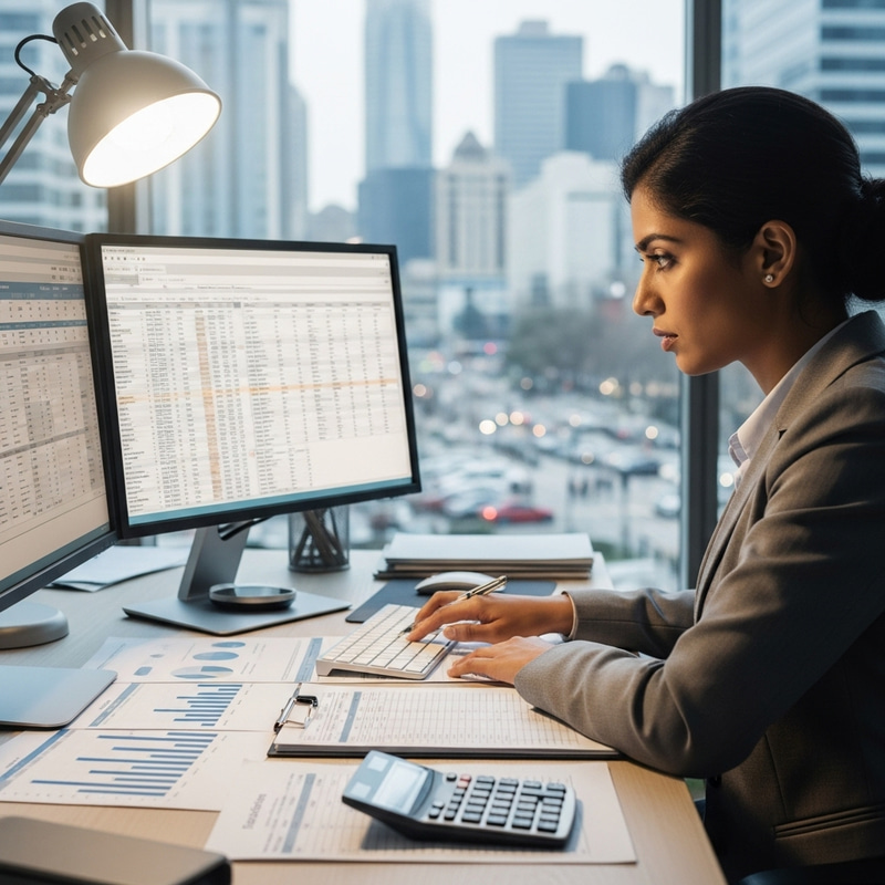 Expert Female Accountant Working on Computer