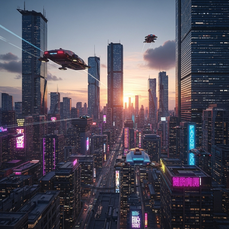 Cyberpunk Cityscape at Sunset | Neon Lights, Flying Cars & Skyscrapers