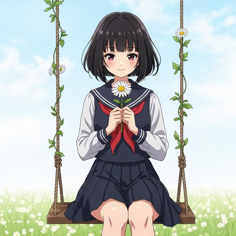 Anime Girl with Black Bob Haircut Holding White Daisy on Swing
