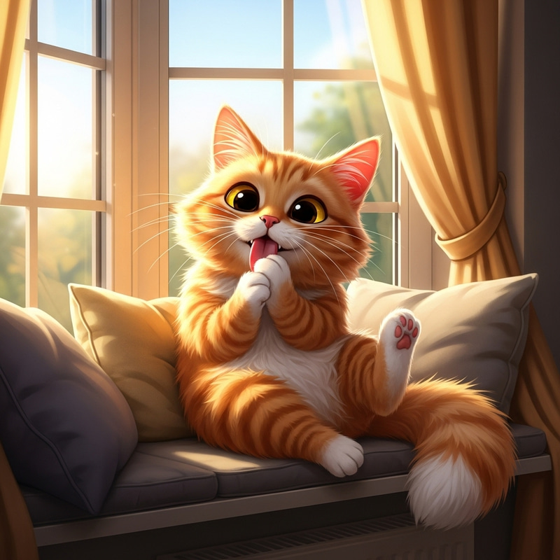 Cute Orange Cartoon Cat Grooming in a Bay Window