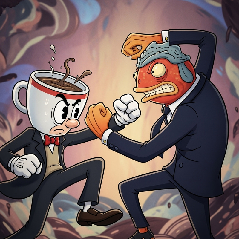 Cuphead and Mugman battle Fortnite's agent flopper