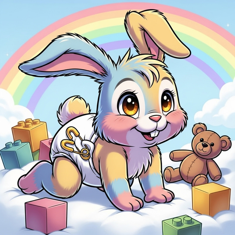 Adorable Baby Fur Bunny in Diapers Cartoon Character