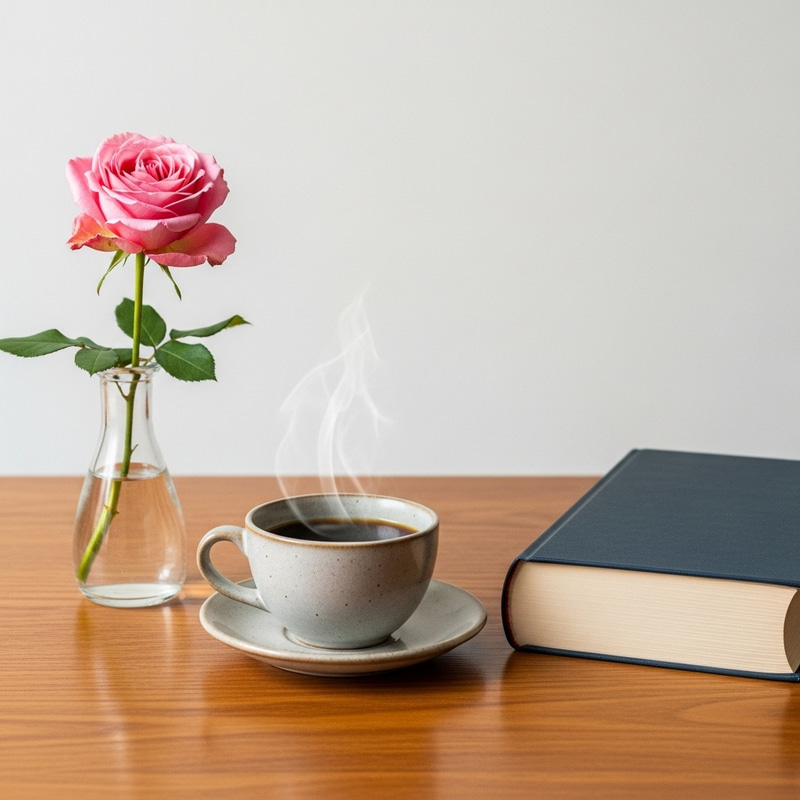 Stylish Coffee Cup, Open Book, and Red Rose on Table