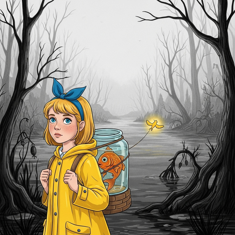 Adventure of an 11-Year-Old Girl with Blue Eyes in Monochrome Swamp