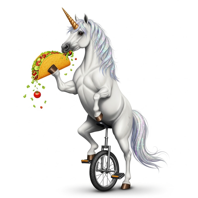 Unicorn Eating Tacos on Unicycle - Magical and Delicious Scene Unicorn Eating Tacos on Unicycle - Magical and Delicious Scene