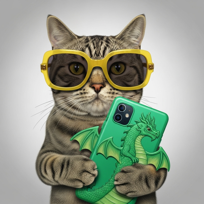 Yellow Cat in Neo-Sunglasses Holding Green Dragon Smartphone Yellow Cat in Neo-Sunglasses Holding Green Dragon Smartphone