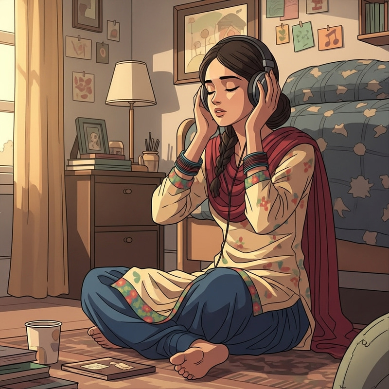 Anime Lofi Style Girl in Punjabi Suit Listening to Spiritual Songs Anime Lofi Style Girl in Punjabi Suit Listening to Spiritual Songs