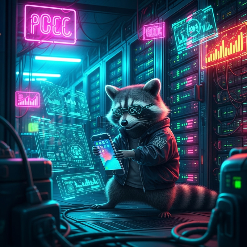 Futuristic Cyber Data Center with Raccoon in Hacker Jacket