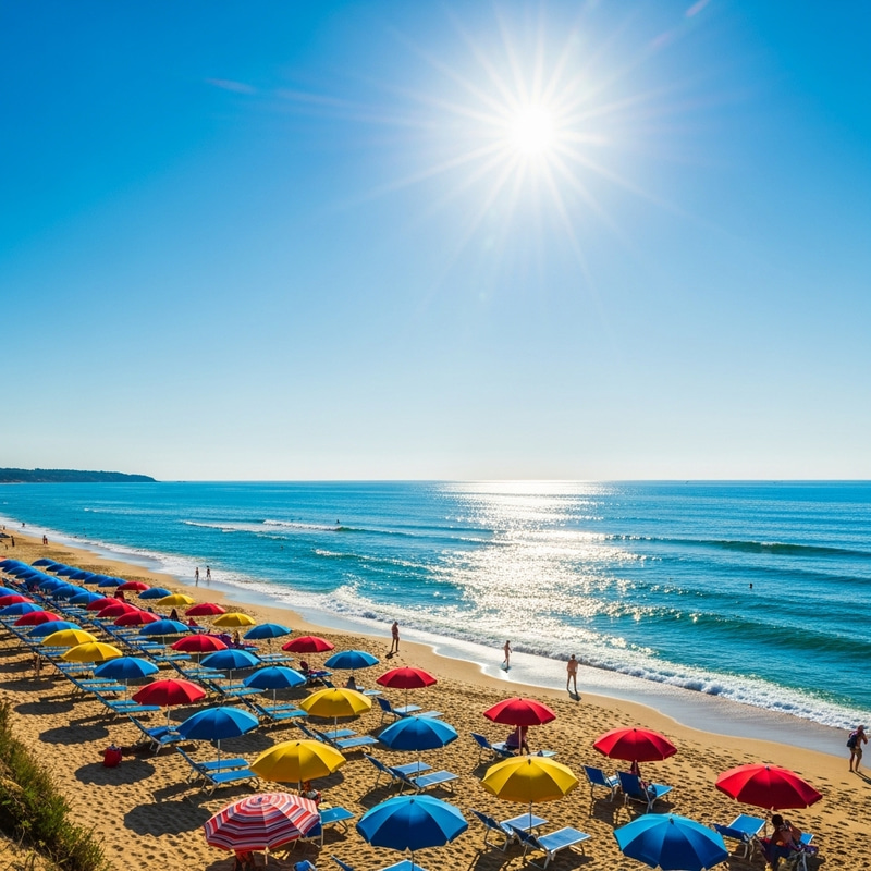 Golden Beach Umbrellas under Clear Blue Sky | Serene Shore View Golden Beach Umbrellas under Clear Blue Sky | Serene Shore View