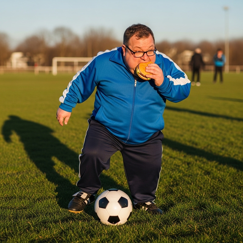 White Man in Blue Jacket Eating Burger Playing Soccer White Man in Blue Jacket Eating Burger Playing Soccer